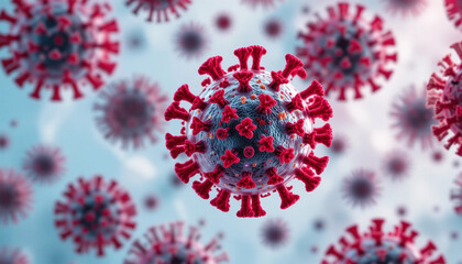 A microscopic world of menacing crimson viruses, a chilling reminder of unseen threats, in sharp focus against a soft blue backdrop.