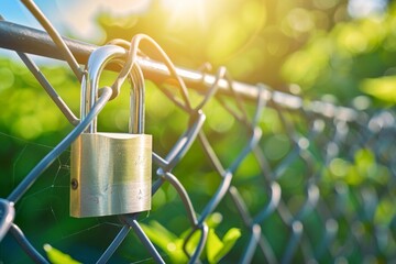 Padlock on Chain Link Fence with Green Natural Background