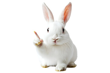 Fototapeta premium A white rabbit sitting up with one paw raised on white background