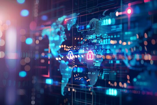 Futuristic Digital World Map with Cybersecurity and Lock Symbols
