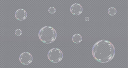 Set of multicoloured soap bubbles. On transparent background.Vector illustration.EPS . Flying air soap bubbles. Vector illustration.PNG