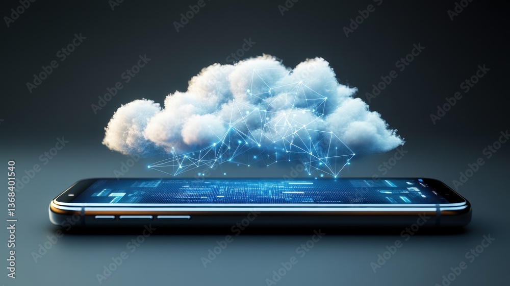 Poster a stylized cloud computing illustration featu a fluffy white cloud over a smartphone screen displayi