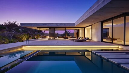 Modern residence with sleek design, glass windows, pool, and twilight sky