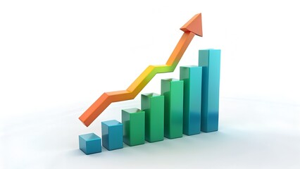 A 3D business graph with an upward arrow illustrates financial growth and market success