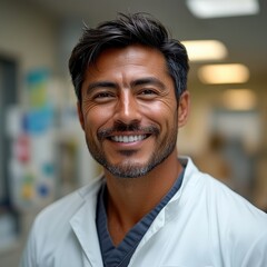 Obraz premium A confident Chilean male doctor is smiling warmly while in a medical setting, showcasing his friendly demeanor while attending to patients in a busy hospital during daylight