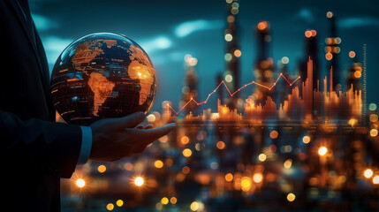 Global Reporting Initiative Concept, Global Businessman Holding Illuminated Earth Globe with Financial Graph Overlay Stock Image