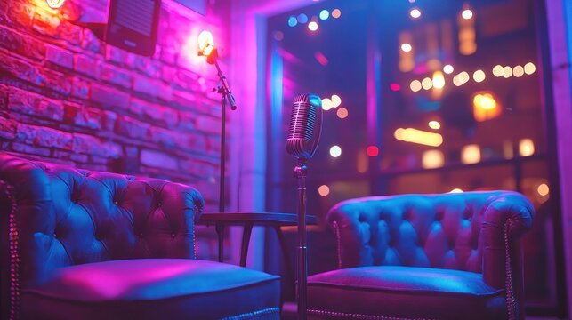 Cozy, dimly lit, intimate music venue. Two plush armchairs facing a vintage microphone stand are situated in front of a brick wall illuminated by vibrant pink and blue lights
