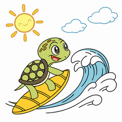 Cute Turtle Surfing on Yellow Surfboard in Sunny Ocean Wave