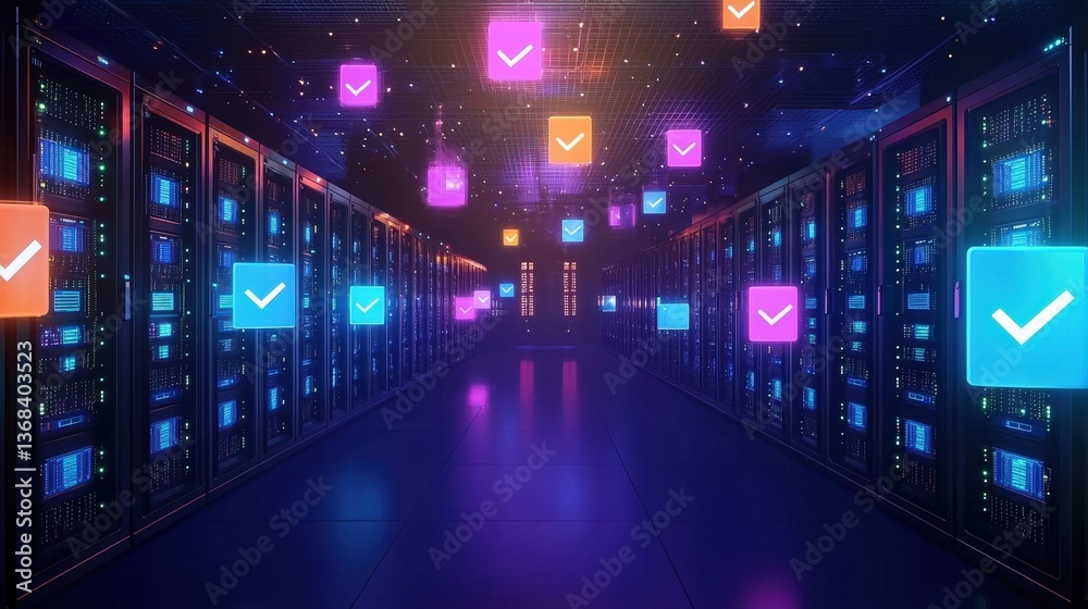 Poster secure server room filled with glowing ballot icons representing encrypted election data