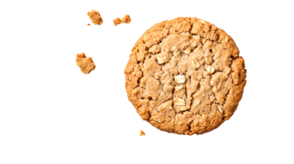 Oatmeal cookie with crumbly texture on black background, cut out transparent