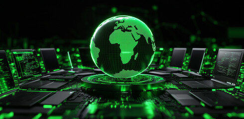 Global Reporting Initiative Concept, Global Network Security Digital Earth Hologram on Laptop Array