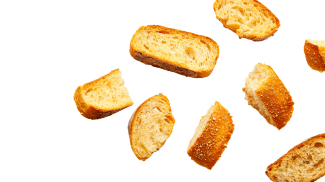 Slices of baguette isolated, floating on a black background, cut out transparent