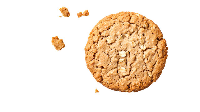 Oatmeal cookie with crumbly texture on black background, cut out transparent