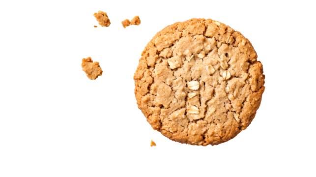 Oatmeal cookie with crumbly texture on black background, cut out transparent