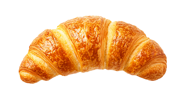 Fresh croissant, golden color, flaky layers, delicious pastry, cut out transparent