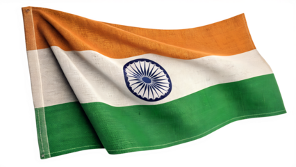 Indian Flag: A detailed view of the Indian flag waving, displaying its vibrant tricolor design, the Ashoka Chakra symbol, and textures.