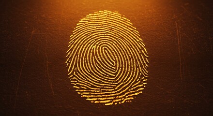 Golden fingerprint on a dark textured surface illuminated with a warm light creating contrast