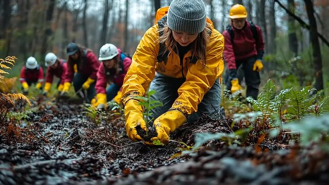 Group of volunteers planting seedlings in a forest during a reforestation project, autumn setting
