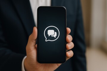 Texting in Focus: A close-up shot showcases a person's hand holding a smartphone, highlighting a messaging app's interface in a business-casual setting.