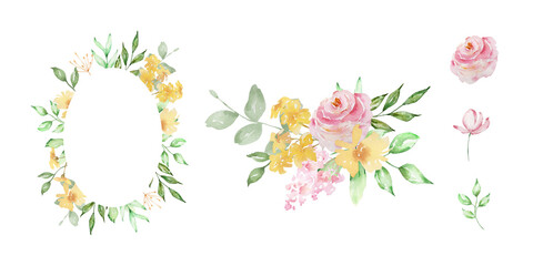 Frame with watercolor blush pink roses flowers and leaves bouquet