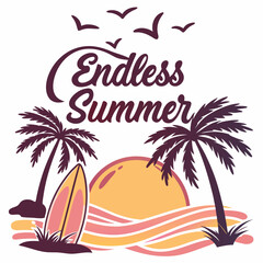 Endless Summer: Surfboard, Palm Trees, Sunset Beach Scene