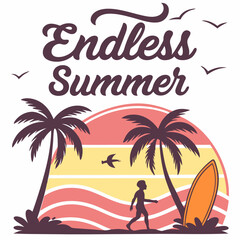 Naklejka premium Endless Summer: Surfer Walking on Beach at Sunset with Palm Trees and Surfboard