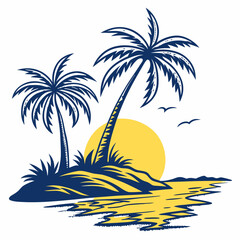 Tropical Island Sunset Scene with Palm Trees and Birds