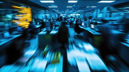 An active and busy office environment shows employees working diligently