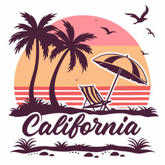 California Sunset Beach Scene: Palm Trees, Beach Chair, and Umbrella