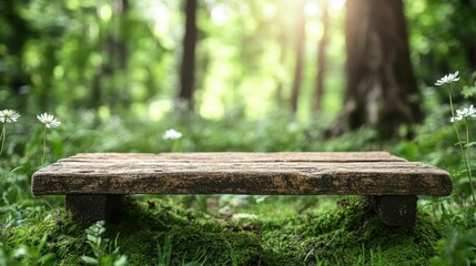 Naklejka premium A rustic wooden platform nestled in a sunlit forest, surrounded by vibrant greenery and delicate flowers, invoking a sense of tranquility and connection to nature.