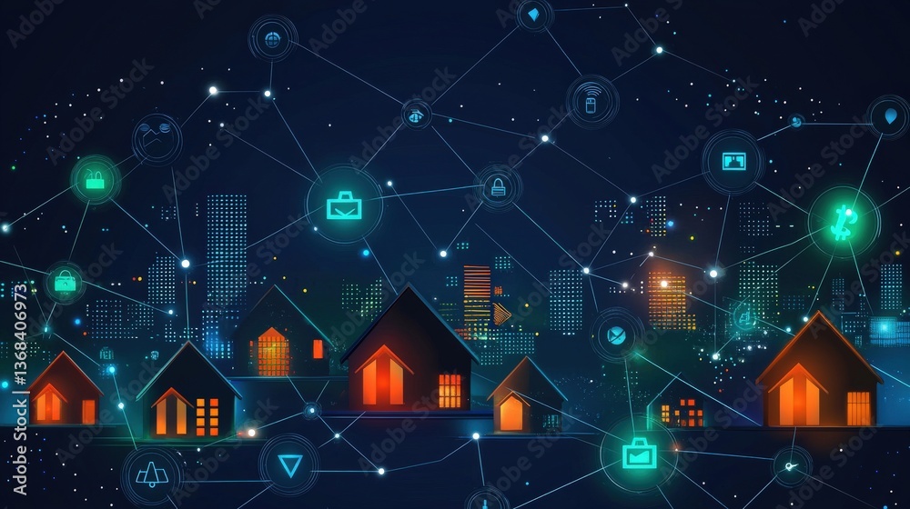 Poster smart cityscape with houses linked by blockchain symbols