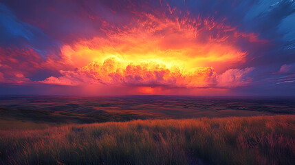 Vibrant sunset over a vast landscape with rolling hills and dramatic cloud formations