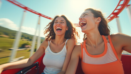 Two joyful female friends ride a roller coaster ride