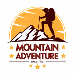Mountain Adventure Logo: Silhouette Hiker Climbing Peak at Sunset