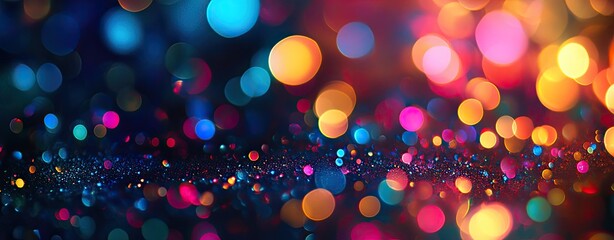 Naklejka premium A vibrant, colorful bokeh effect featuring a mix of blue, orange, pink, and purple lights against a dark background, creating a dreamy atmosphere.