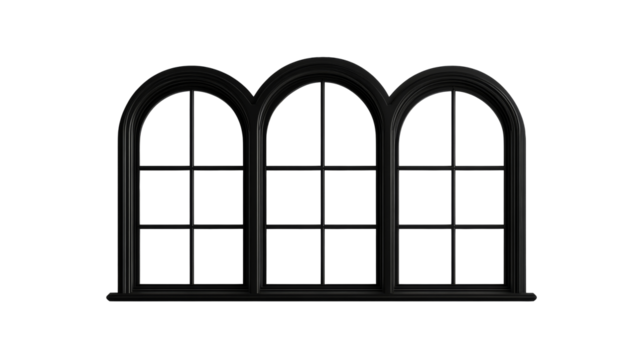 Black arched window with mullions for designs, cut out transparent