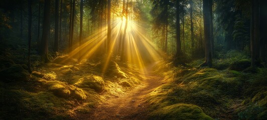 Obraz premium Golden Canopy Glow, Sunshine filtering through trees