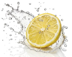 Zesty Burst: A vibrant lemon slice mid-air, captured as water playfully splashes and dances around it, conveying freshness and the natural essence of the fruit. 