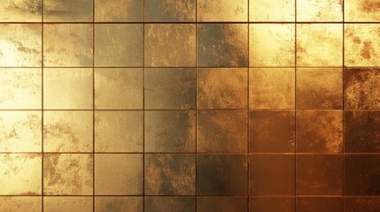 Naklejka premium Gold square tiles create a geometric grid with shiny metallic reflections.