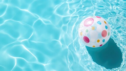 A colorful beach ball floats on the surface of a sparkling blue swimming pool, symbolizing fun and relaxation during summer leisure activities under the sun.