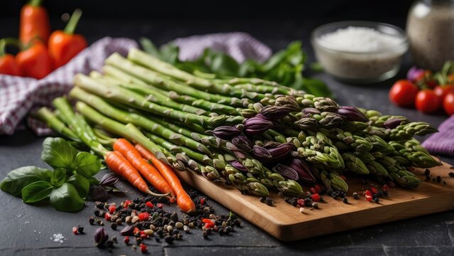 A dark, textured surface features a variety of fresh ingredients arranged artfully.