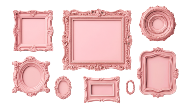 Decorative collection of pink picture frames, antique style, cut out transparent