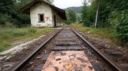 Fototapeta premium An abandoned railway station with overgrown tracks and nature encroaching around it, evoking feelings of nostalgia and highlighting a forgotten place in the landscape.