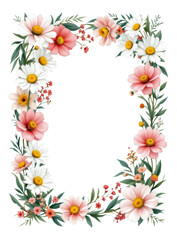 Obraz premium Beautiful Floral Frame with Pink Cosmos, White Daisies, Red Berries and Green Leaves in Rectangular Border Arrangement Isolated on Transparent and White Background