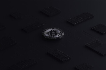 Bitcoin in the Dark: A single Bitcoin coin, symbolizing digital currency, sits illuminated against a backdrop of technological elements. A captivating visual representation of the future of finance.
