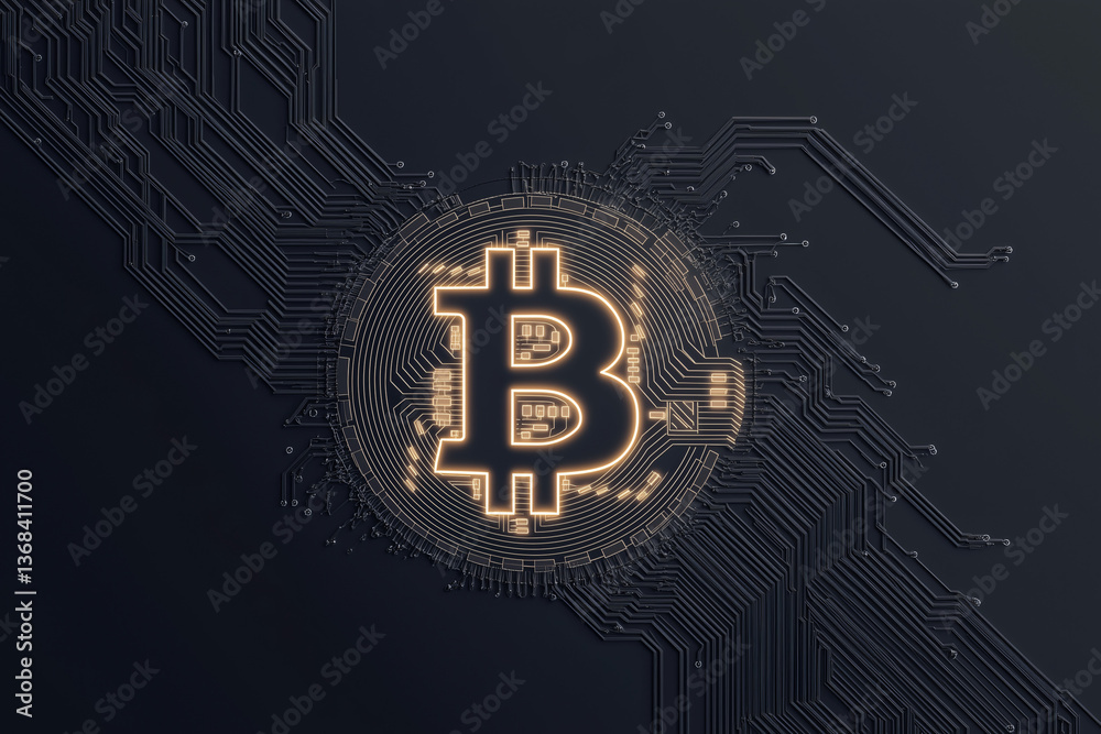 Poster bitcoin digital icon: captivating digital rendering of a bitcoin, illuminated with an ethereal glow,