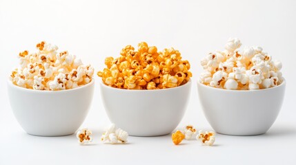 Variety of popcorn flavors in white bowls