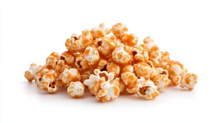 Delicious caramel popcorn piled high on a white background