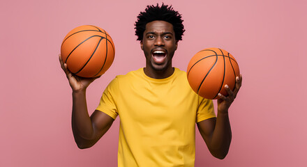 Obraz premium Excited Basketball Player Holding Two Balls