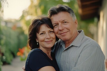 Fototapeta premium Happy older couple embracing and smiling at the camera, showing affection.